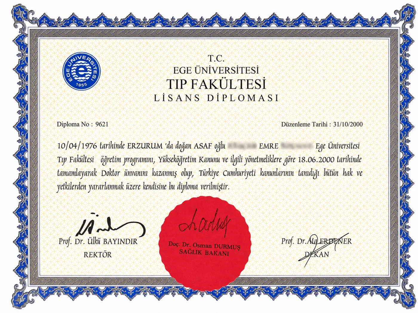 Doctor of Medicine diploma — Ege University Faculty of Medicine