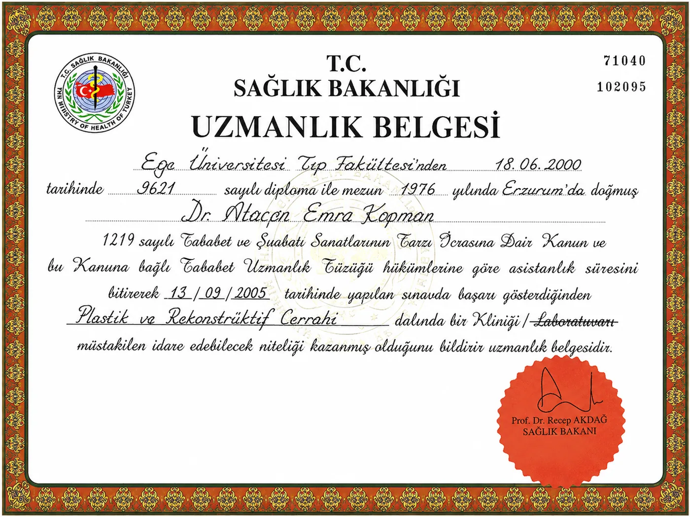 Specialist certificate in Plastic and Reconstructive Surgery — Türkiye Ministry of Health